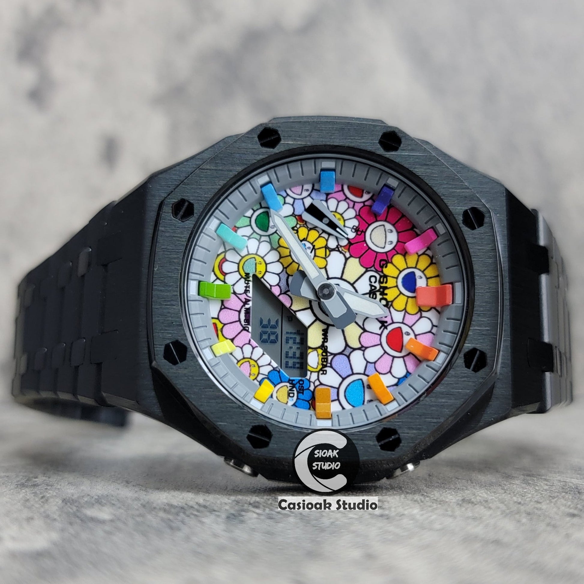 Casioak Mod Watch Black Case Metal Strap Rainbow Time Mark Takashi Murakami Dial 44mm- Casioak Mod Casio G-Shock Royal Oak Custom Mens Luxury Watches Ga2100