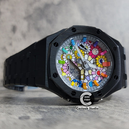 Casioak Mod Watch Black Case Metal Strap Rainbow Time Mark Takashi Murakami Dial 44mm- Casioak Mod Casio G-Shock Royal Oak Custom Mens Luxury Watches Ga2100