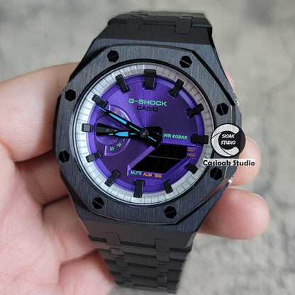 Casioak Mod Watch Black Case Metal Strap Silver Black Time Mark Purple Dial 44mm- Casioak Mod Casio G-Shock Royal Oak Custom Mens Luxury Watches Ga2100