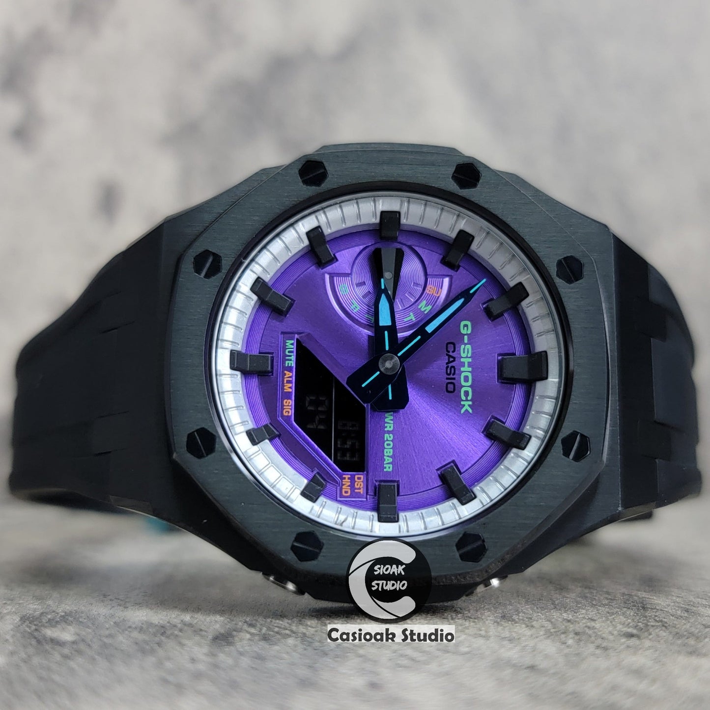 Casioak Mod Watch Black Case Metal Strap Silver Black Time Mark Purple Dial 44mm- Casioak Mod Casio G-Shock Royal Oak Custom Mens Luxury Watches Ga2100