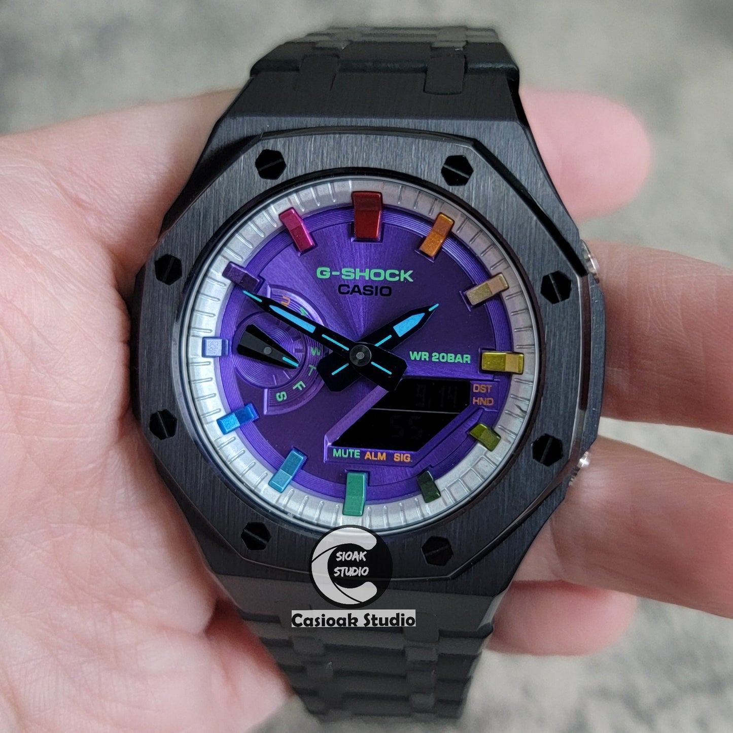 Casioak Mod Watch Black Case Metal Strap Silver Rainbow Time Mark Purple Dial 44mm- Casioak Mod Casio G-Shock Royal Oak Custom Mens Luxury Watches Ga2100