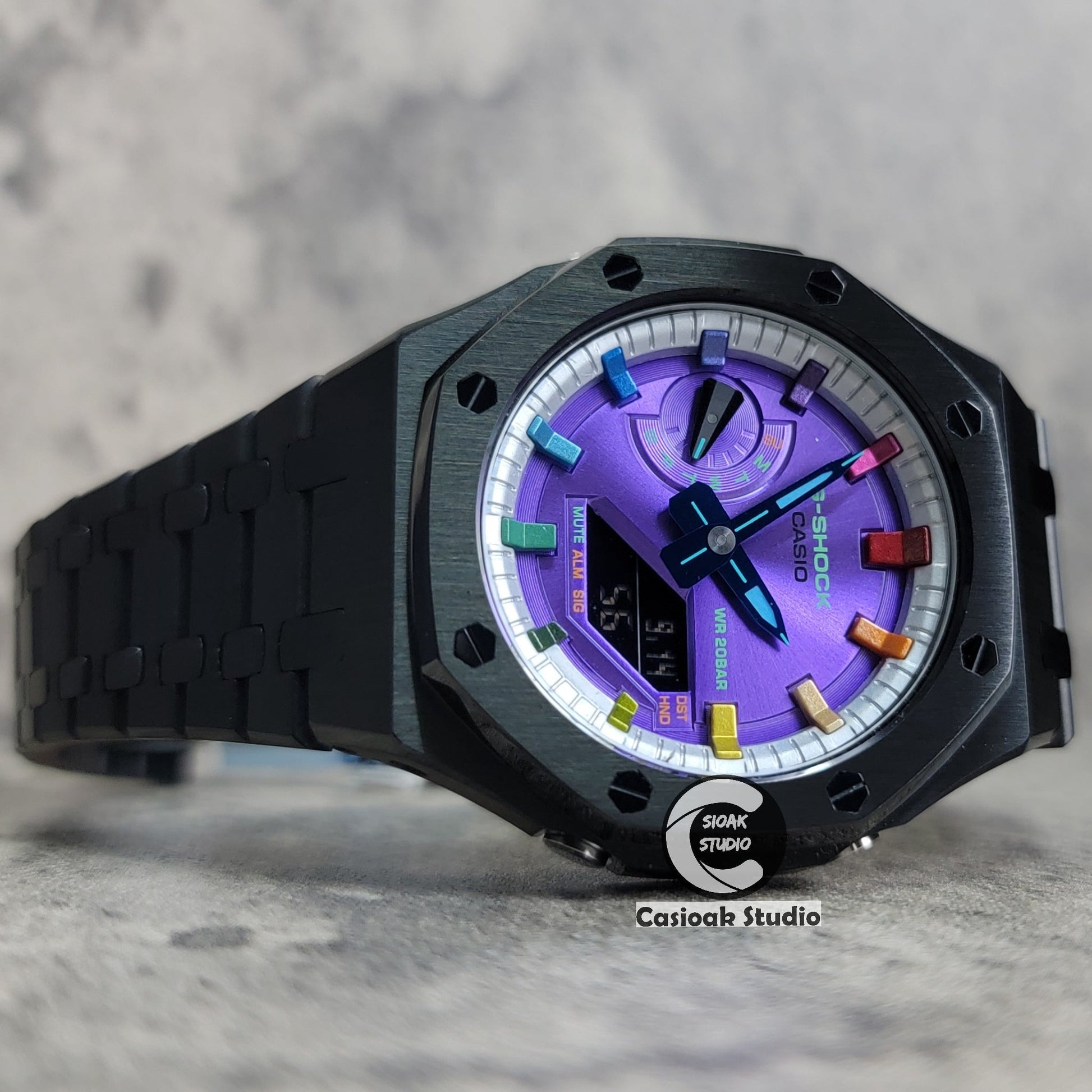 Casioak Mod Watch Black Case Metal Strap Silver Rainbow Time Mark Purple Dial 44mm- Casioak Mod Casio G-Shock Royal Oak Custom Mens Luxury Watches Ga2100