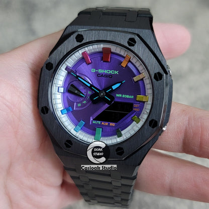 Casioak Mod Watch Black Case Metal Strap Silver Rainbow Time Mark Purple Dial 44mm- Casioak Mod Casio G-Shock Royal Oak Custom Mens Luxury Watches Ga2100