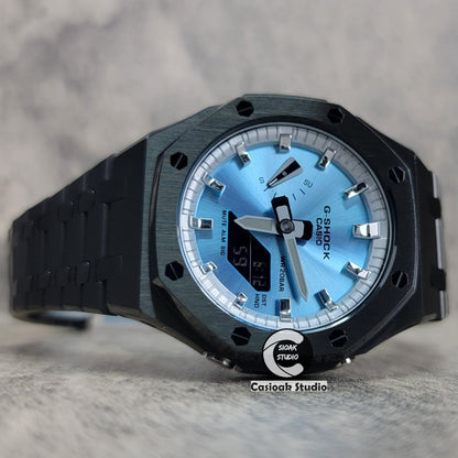 Casioak Mod Watch Black Case Metal Strap Silver Time Mark Ice Blue Dial 44mm- Casioak Mod Casio G-Shock Royal Oak Custom Mens Luxury Watches Ga2100