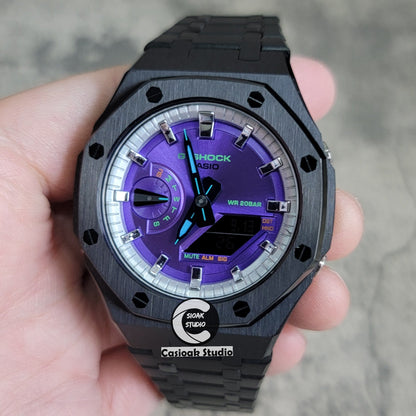 Casioak Mod Watch Black Case Metal Strap Silver Time Mark Purple Dial 44mm- Casioak Mod Casio G-Shock Royal Oak Custom Mens Luxury Watches Ga2100