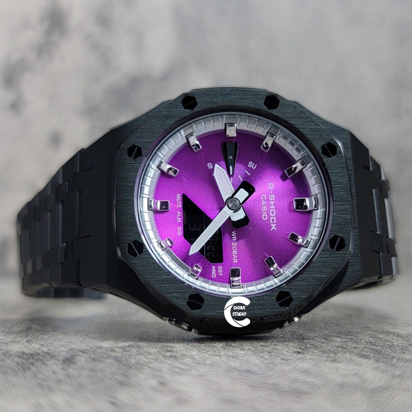 Casioak Mod Watch Black Case Metal Strap Silver Time Mark Purple Dial 44mm- Casioak Mod Casio G-Shock Royal Oak Custom Mens Luxury Watches Ga2100