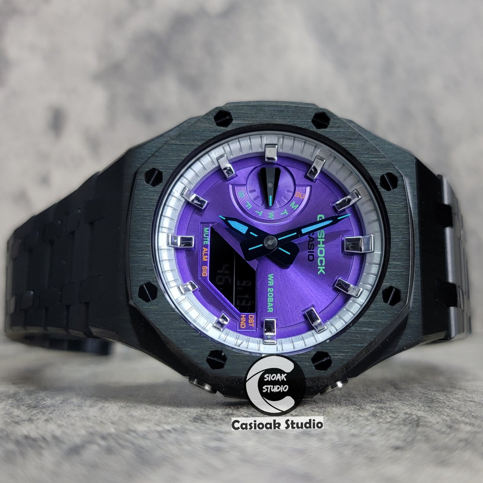 Casioak Mod Watch Black Case Metal Strap Silver Time Mark Purple Dial 44mm- Casioak Mod Casio G-Shock Royal Oak Custom Mens Luxury Watches Ga2100