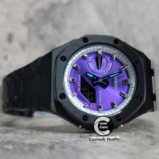 Casioak Mod Watch Black Case Metal Strap Silver Time Mark Purple Dial 44mm- Casioak Mod Casio G-Shock Royal Oak Custom Mens Luxury Watches Ga2100