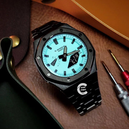 Casioak Mod Watch Black Case Metal Strap Tiff Black Time Mark Tiff Blue Dial 44mm- Casioak Mod Casio G-Shock Royal Oak Custom Mens Luxury Watches Ga2100