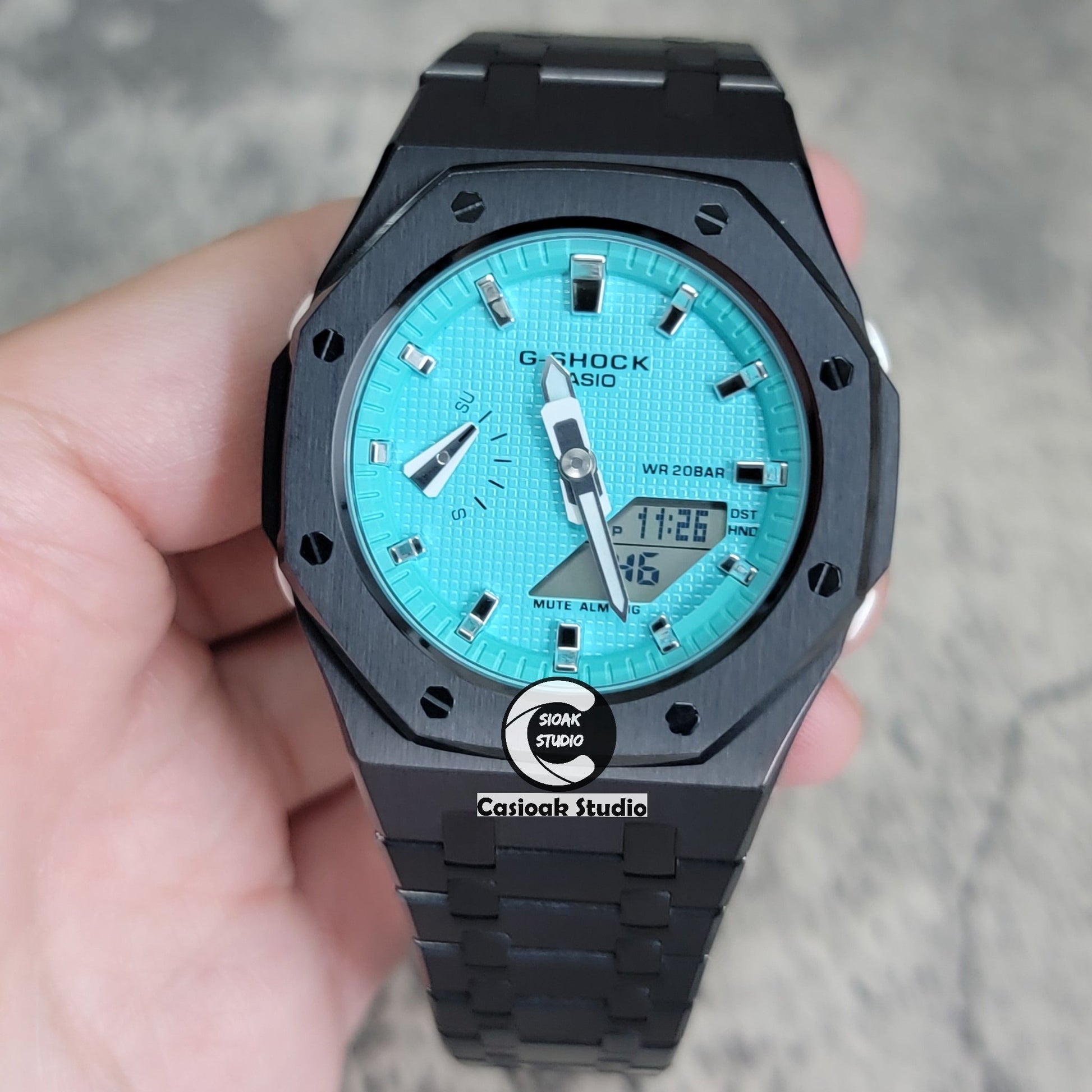 Casioak Mod Watch Black Case Metal Strap Tiff Silver Time Mark Tiff Blue Dial 42mm- Casioak Mod Casio G-Shock Royal Oak Custom Mens Luxury Watches Ga2100