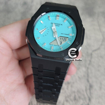 Casioak Mod Watch Black Case Metal Strap Tiff Silver Time Mark Tiff Blue Dial 42mm- Casioak Mod Casio G-Shock Royal Oak Custom Mens Luxury Watches Ga2100