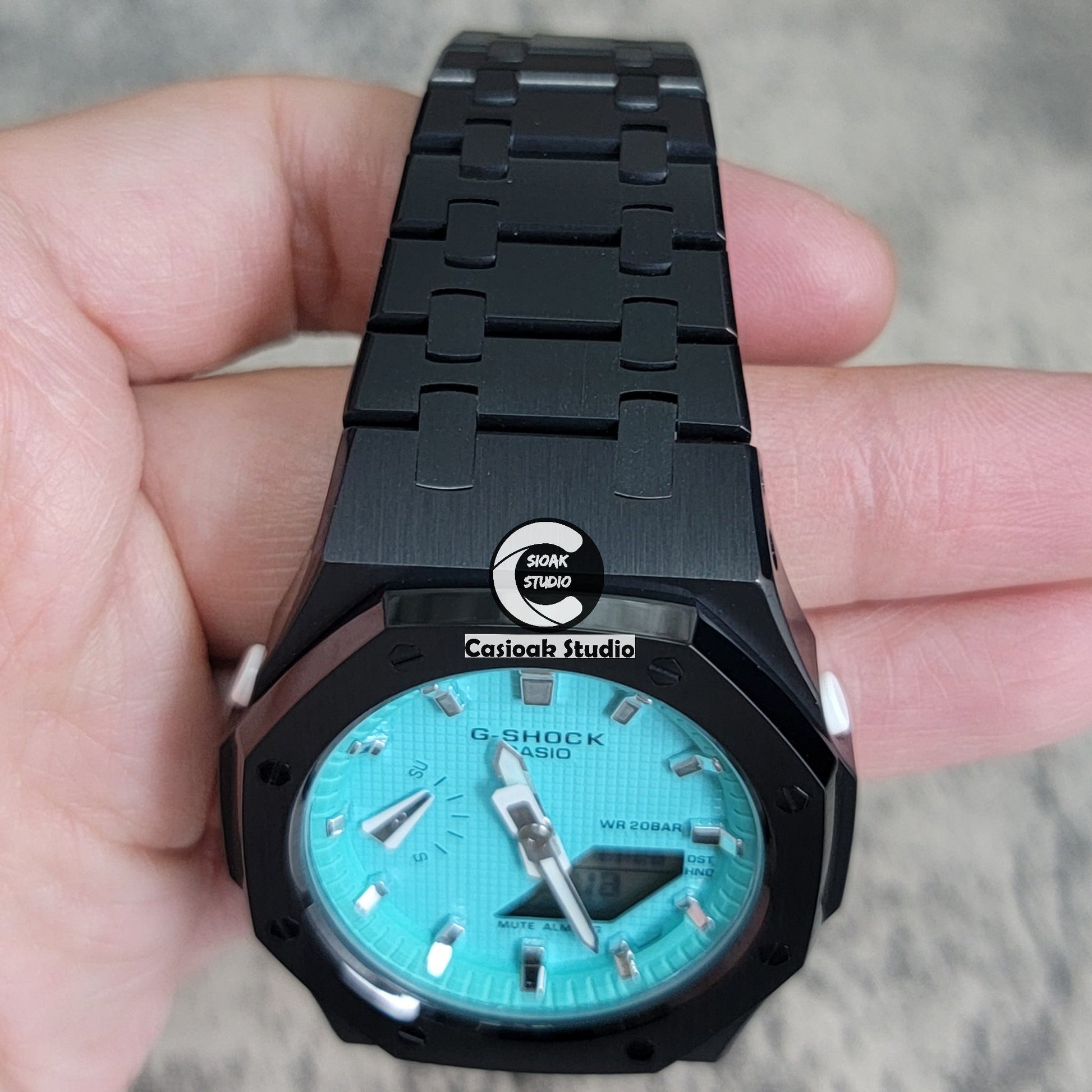 Casioak Mod Watch Black Case Metal Strap Tiff Silver Time Mark Tiff Blue Dial 42mm- Casioak Mod Casio G-Shock Royal Oak Custom Mens Luxury Watches Ga2100