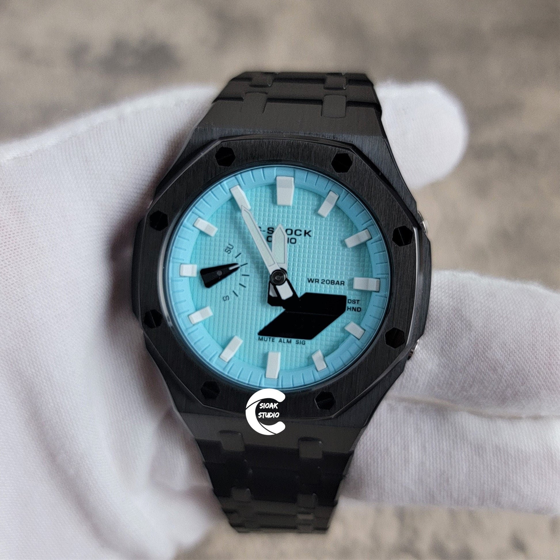 Casioak Mod Watch Black Case Metal Strap Tiff White Time Mark Tiff Blue Dial 44mm- Casioak Mod Casio G-Shock Royal Oak Custom Mens Luxury Watches Ga2100