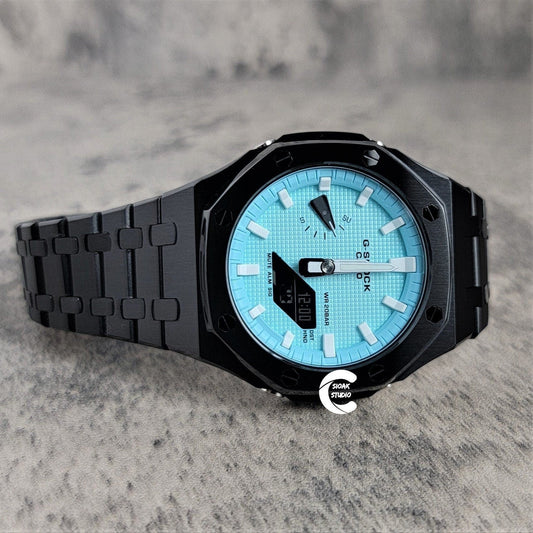 Casioak Mod Watch Black Case Metal Strap Tiff White Time Mark Tiff Blue Dial 44mm- Casioak Mod Casio G-Shock Royal Oak Custom Mens Luxury Watches Ga2100