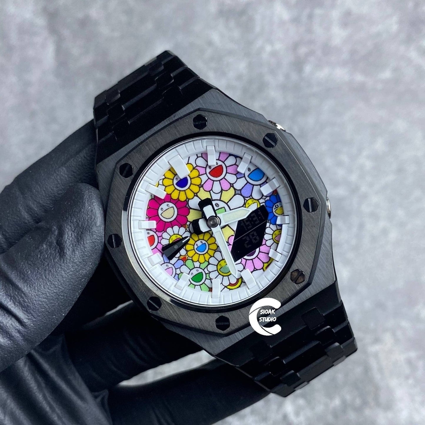 Casioak Mod Watch Black Case Metal Strap White Time Mark Takashi Murakami Dial 44mm- Casioak Mod Casio G-Shock Royal Oak Custom Mens Luxury Watches Ga2100