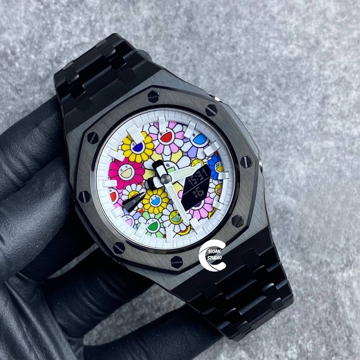 Casioak Mod Watch Black Case Metal Strap White Time Mark Takashi Murakami Dial 44mm- Casioak Mod Casio G-Shock Royal Oak Custom Mens Luxury Watches Ga2100