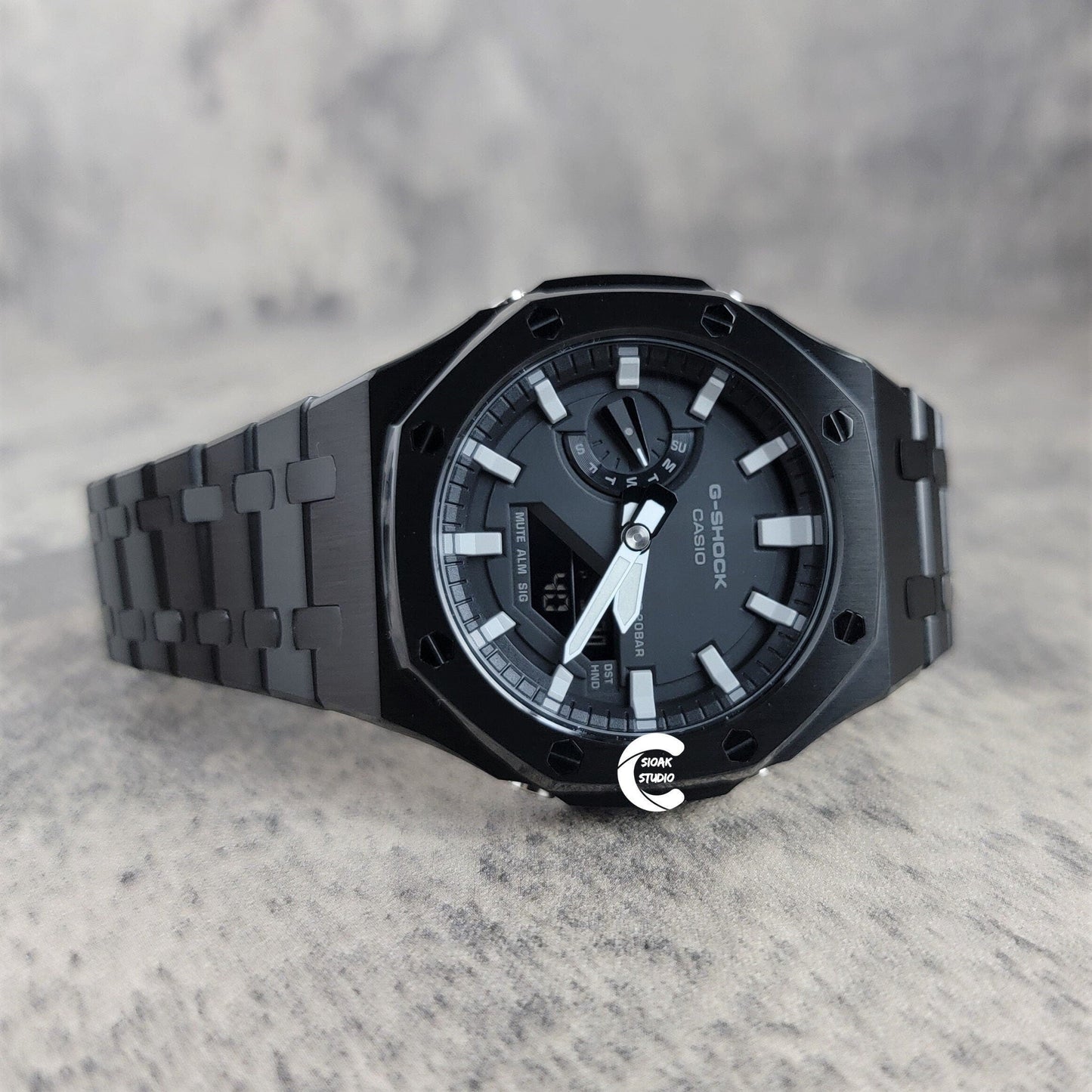 Casioak Mod Watch Black Case Mteal Rubber Strap Black Light Gray Time Mark Black Dial 44mm- Casioak Mod Casio G-Shock Royal Oak Custom Mens Luxury Watches Ga2100