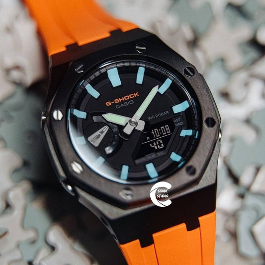 Casioak Mod Watch Black Case Orange Rubber Strap Black Blue Time Mark Black Dial 44mm- Casioak Mod Casio G-Shock Royal Oak Custom Mens Luxury Watches Ga2100