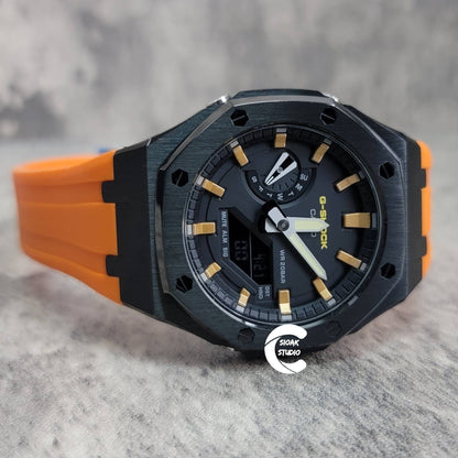 Casioak Mod Watch Black Case Orange Rubber Strap Black Gold Time Mark Black Dial 44mm- Casioak Mod Casio G-Shock Royal Oak Custom Mens Luxury Watches Ga2100