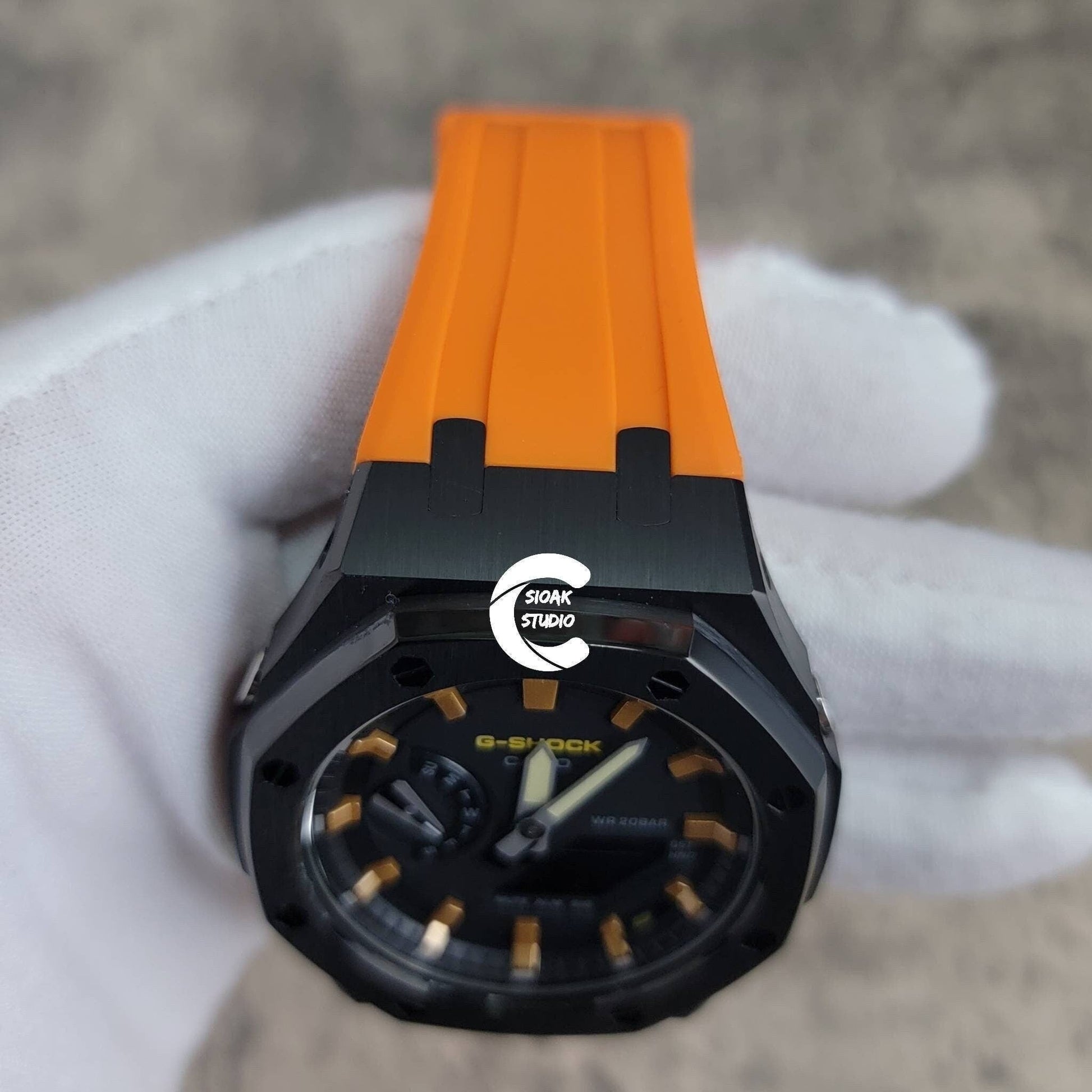 Casioak Mod Watch Black Case Orange Rubber Strap Black Gold Time Mark Black Dial 44mm- Casioak Mod Casio G-Shock Royal Oak Custom Mens Luxury Watches Ga2100