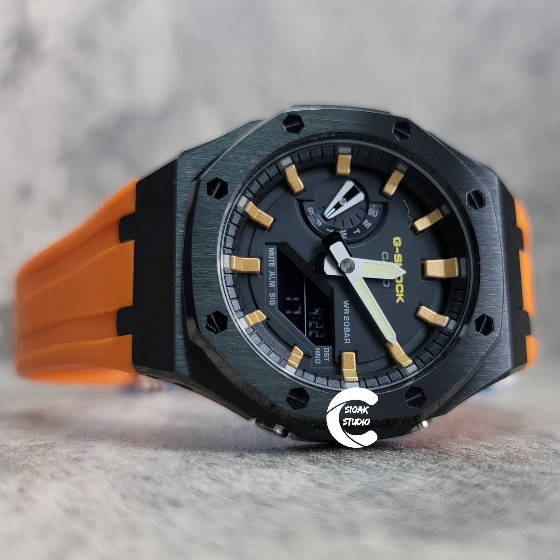 Casioak Mod Watch Black Case Orange Rubber Strap Black Gold Time Mark Black Dial 44mm- Casioak Mod Casio G-Shock Royal Oak Custom Mens Luxury Watches Ga2100