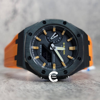 Casioak Mod Watch Black Case Orange Rubber Strap Black Gold Time Mark Black Dial 44mm- Casioak Mod Casio G-Shock Royal Oak Custom Mens Luxury Watches Ga2100