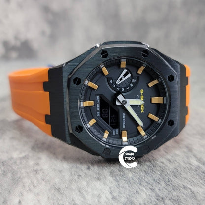 Casioak Mod Watch Black Case Orange Rubber Strap Black Gold Time Mark Black Dial 44mm- Casioak Mod Casio G-Shock Royal Oak Custom Mens Luxury Watches Ga2100