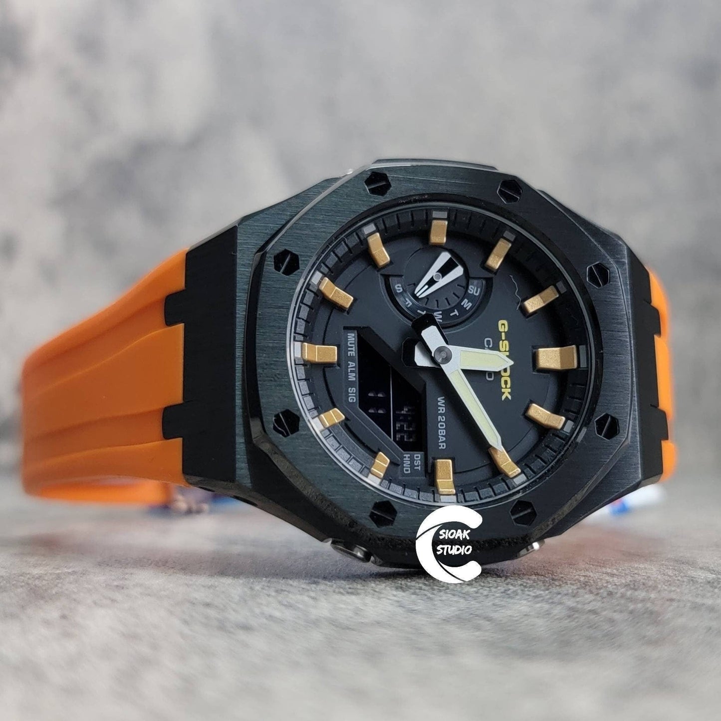 Casioak Mod Watch Black Case Orange Rubber Strap Black Gold Time Mark Black Dial 44mm- Casioak Mod Casio G-Shock Royal Oak Custom Mens Luxury Watches Ga2100