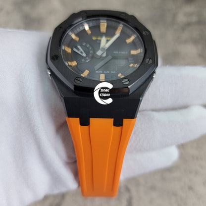 Casioak Mod Watch Black Case Orange Rubber Strap Black Gold Time Mark Black Dial 44mm- Casioak Mod Casio G-Shock Royal Oak Custom Mens Luxury Watches Ga2100