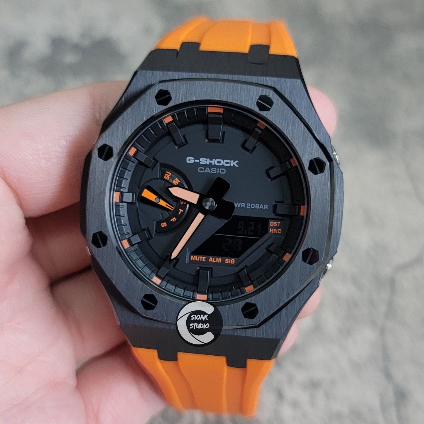 Casioak Mod Watch Black Case Orange Rubber Strap Black Orange Time Mark Black Dial 44mm- Casioak Mod Casio G-Shock Royal Oak Custom Mens Luxury Watches Ga2100