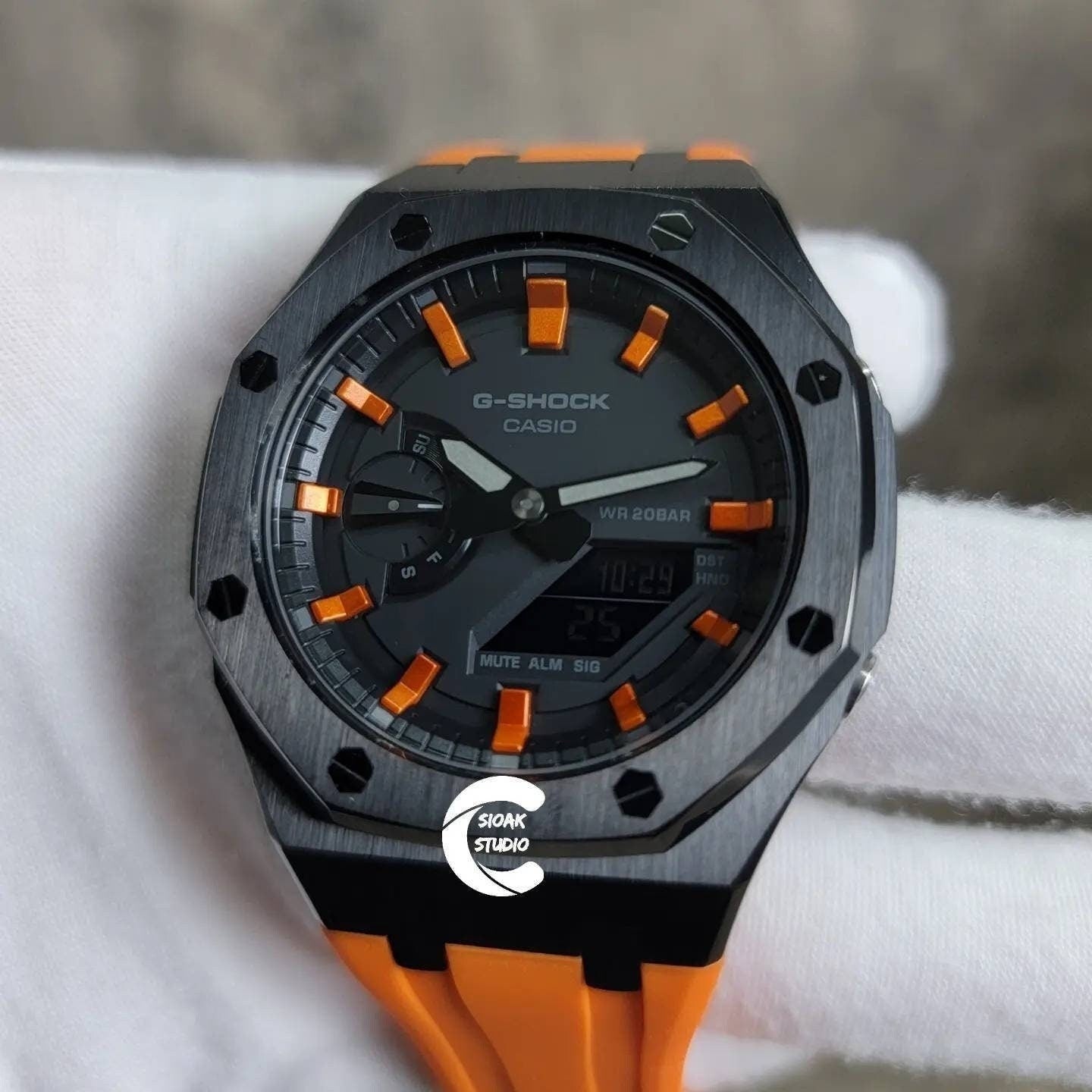 Casioak Mod Watch Black Case Orange Rubber Strap Black Orange Time Mark Black Dial 44mm- Casioak Mod Casio G-Shock Royal Oak Custom Mens Luxury Watches Ga2100