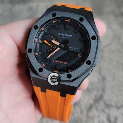 Casioak Mod Watch Black Case Orange Rubber Strap Black Orange Time Mark Black Dial 44mm- Casioak Mod Casio G-Shock Royal Oak Custom Mens Luxury Watches Ga2100