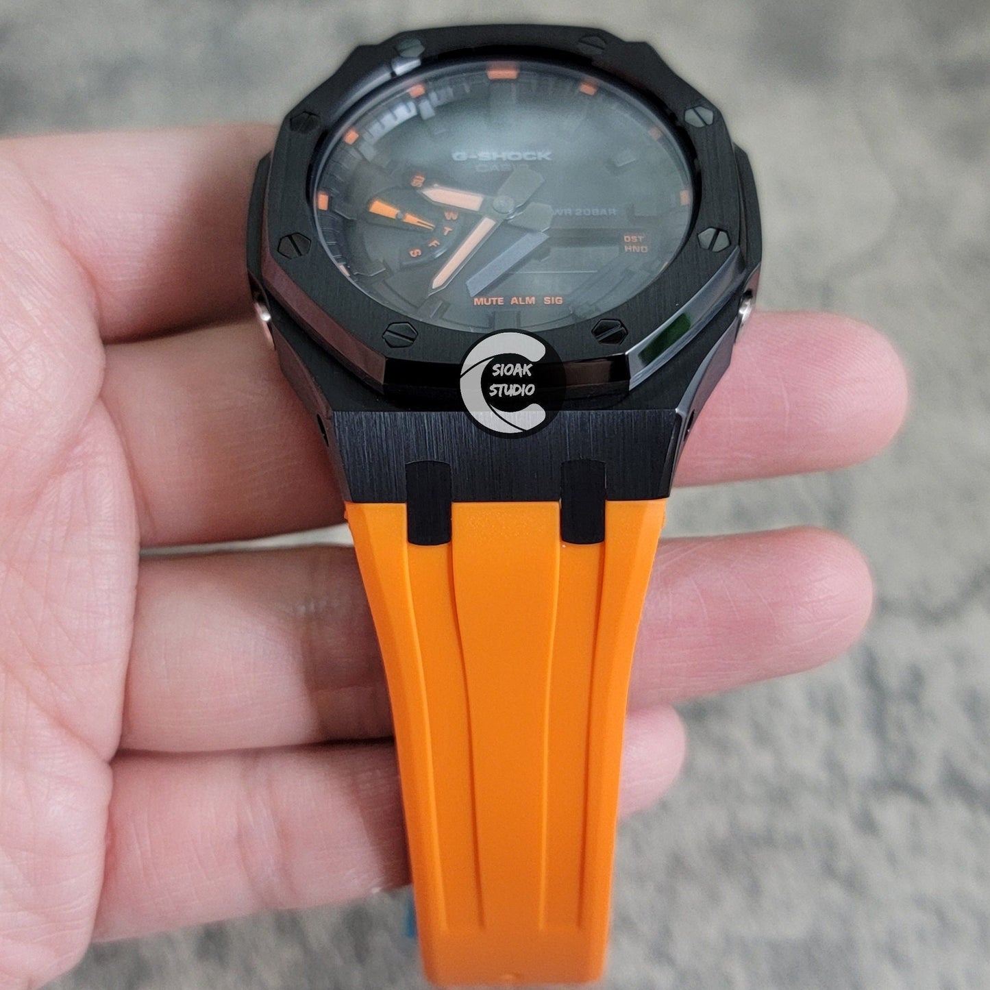 Casioak Mod Watch Black Case Orange Rubber Strap Black Orange Time Mark Black Dial 44mm- Casioak Mod Casio G-Shock Royal Oak Custom Mens Luxury Watches Ga2100