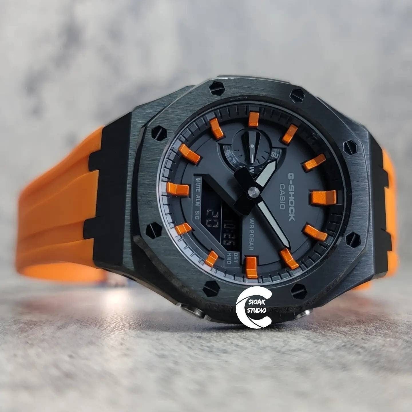 Casioak Mod Watch Black Case Orange Rubber Strap Black Orange Time Mark Black Dial 44mm- Casioak Mod Casio G-Shock Royal Oak Custom Mens Luxury Watches Ga2100