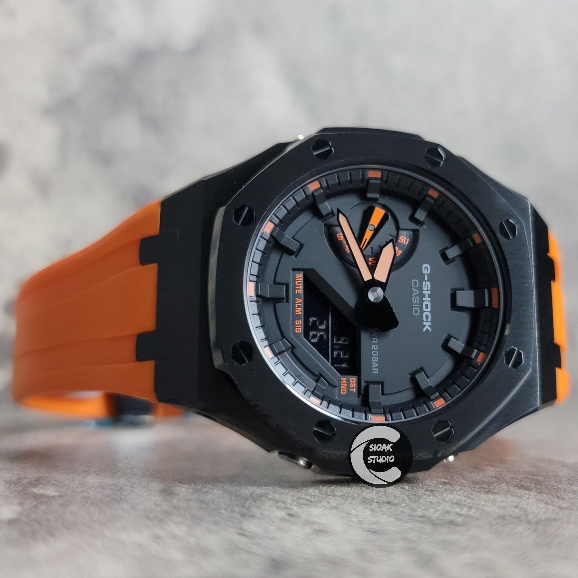 Casioak Mod Watch Black Case Orange Rubber Strap Black Orange Time Mark Black Dial 44mm- Casioak Mod Casio G-Shock Royal Oak Custom Mens Luxury Watches Ga2100