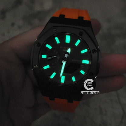 Casioak Mod Watch Black Case Orange Rubber Strap White Luminous Time Mark Olive Green Dial 44mm- Casioak Mod Casio G-Shock Royal Oak Custom Mens Luxury Watches Ga2100