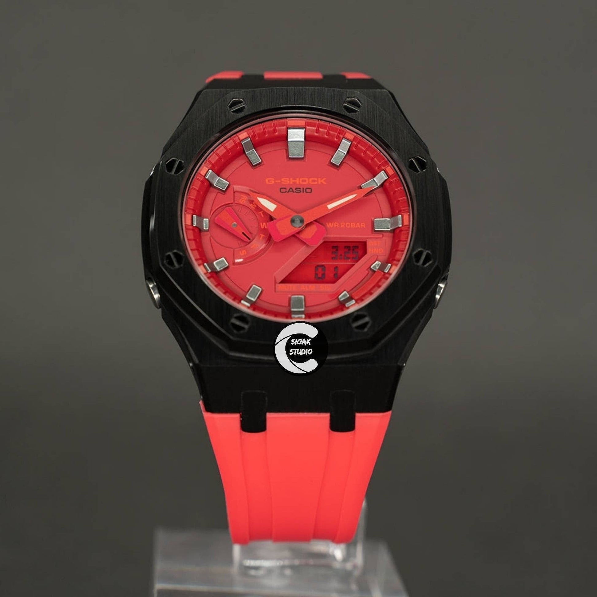 Casioak Mod Watch Black Case Red Rubber Strap Red Silver Time Mark Red Dial 44mm- Casioak Mod Casio G-Shock Royal Oak Custom Mens Luxury Watches Ga2100