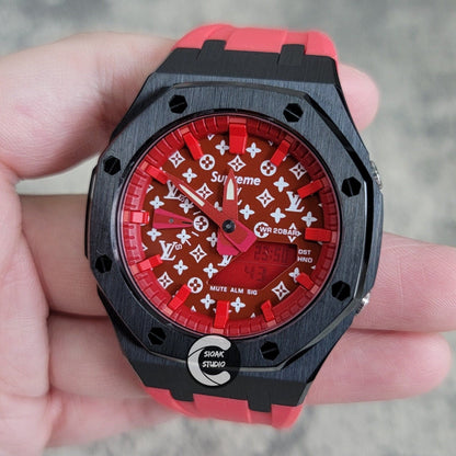 Casioak Mod Watch Black Case Red Rubber Strap Red Time Mark Red Dial 44mm- Casioak Mod Casio G-Shock Royal Oak Custom Mens Luxury Watches Ga2100