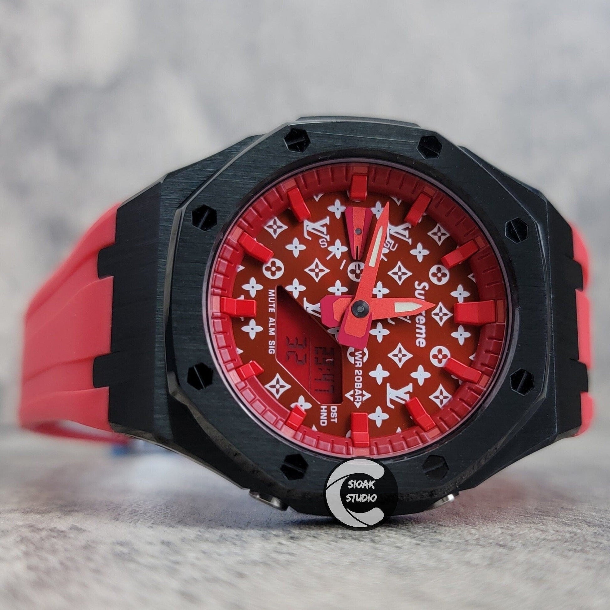 Casioak Mod Watch Black Case Red Rubber Strap Red Time Mark Red Dial 44mm- Casioak Mod Casio G-Shock Royal Oak Custom Mens Luxury Watches Ga2100