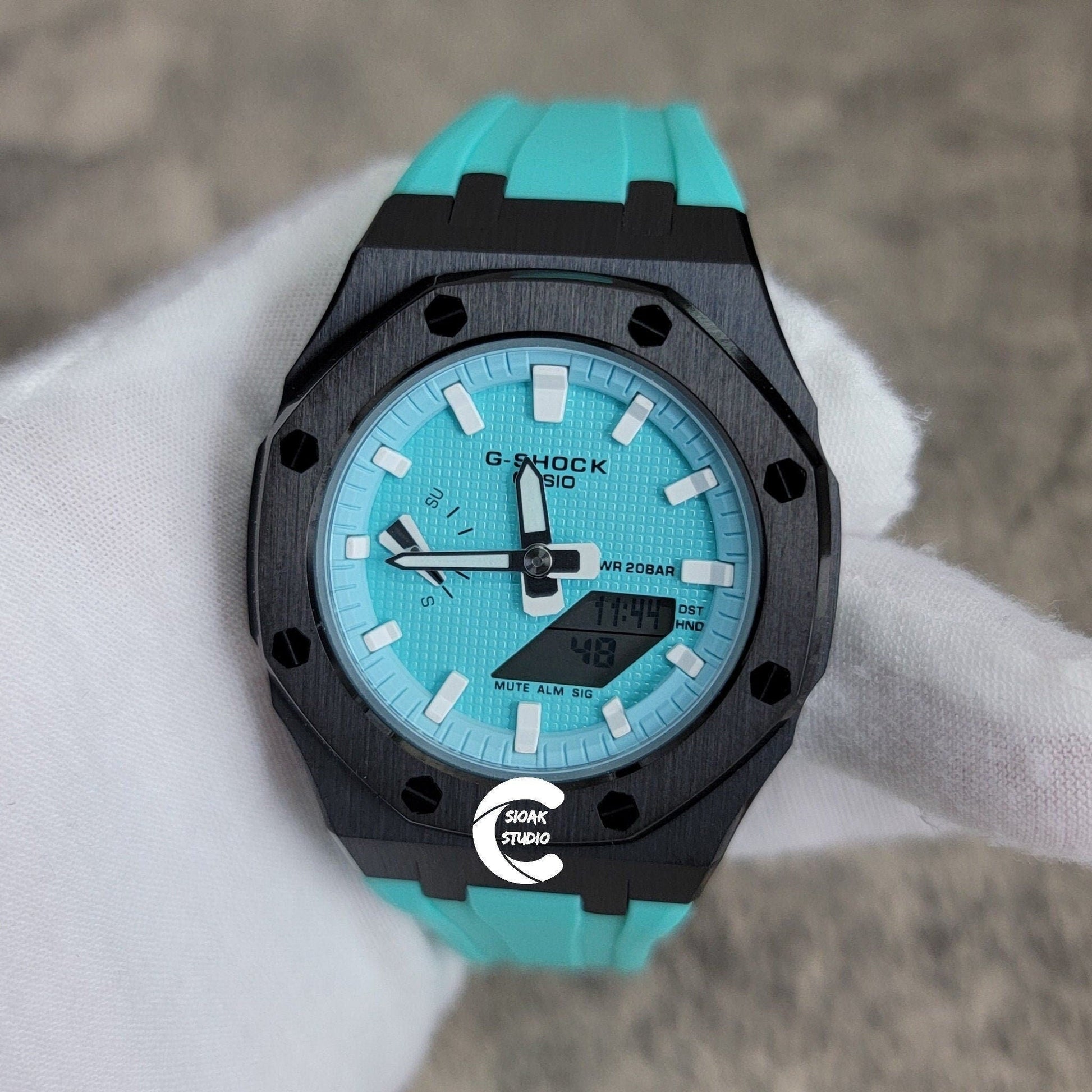 Casioak Mod Watch Black Case Tiff Rubber Strap Blue White Time Mark Tiff Dial 42mm- Casioak Mod Casio G-Shock Royal Oak Custom Mens Luxury Watches Ga2100