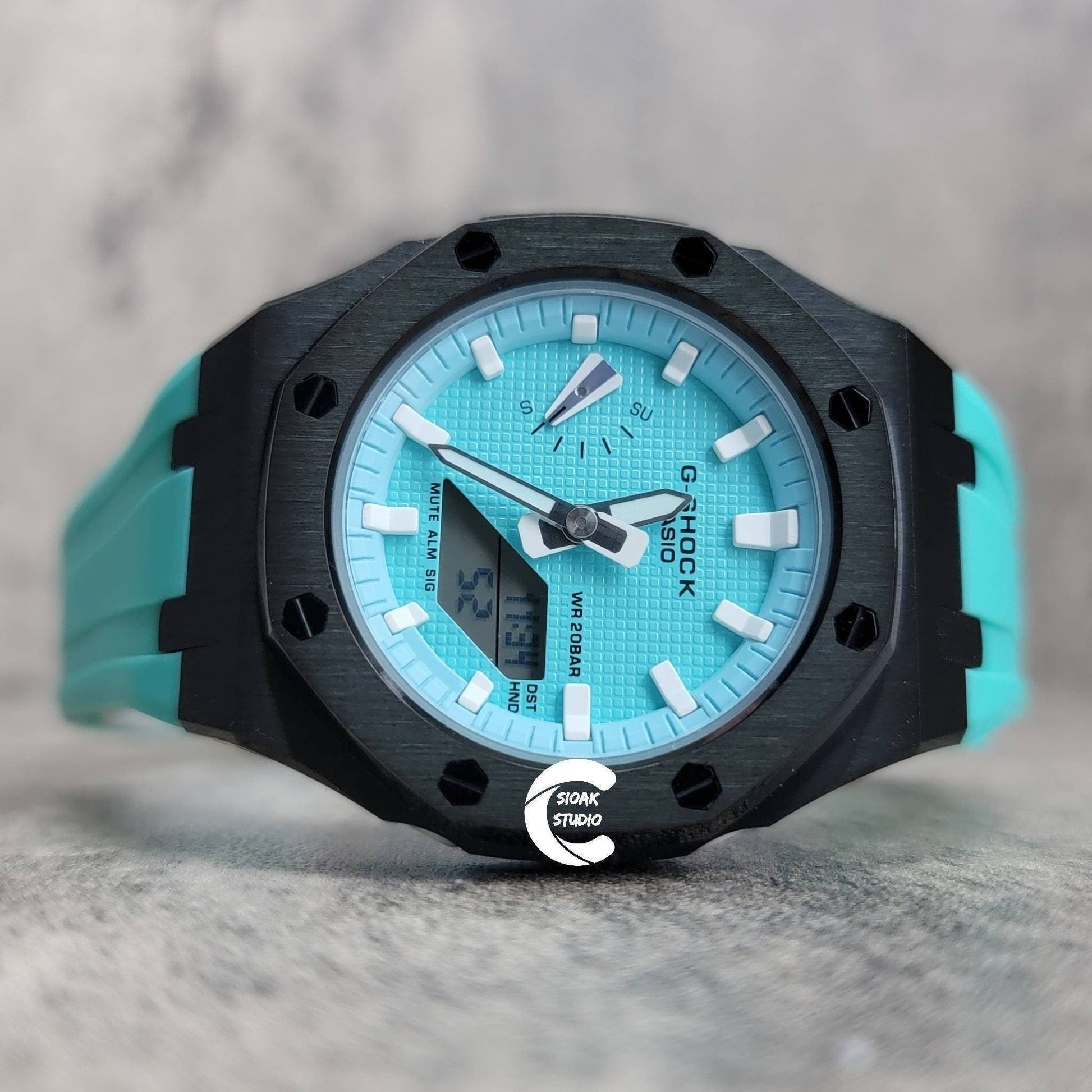 Casioak Mod Watch Black Case Tiff Rubber Strap Blue White Time Mark Tiff Dial 42mm- Casioak Mod Casio G-Shock Royal Oak Custom Mens Luxury Watches Ga2100