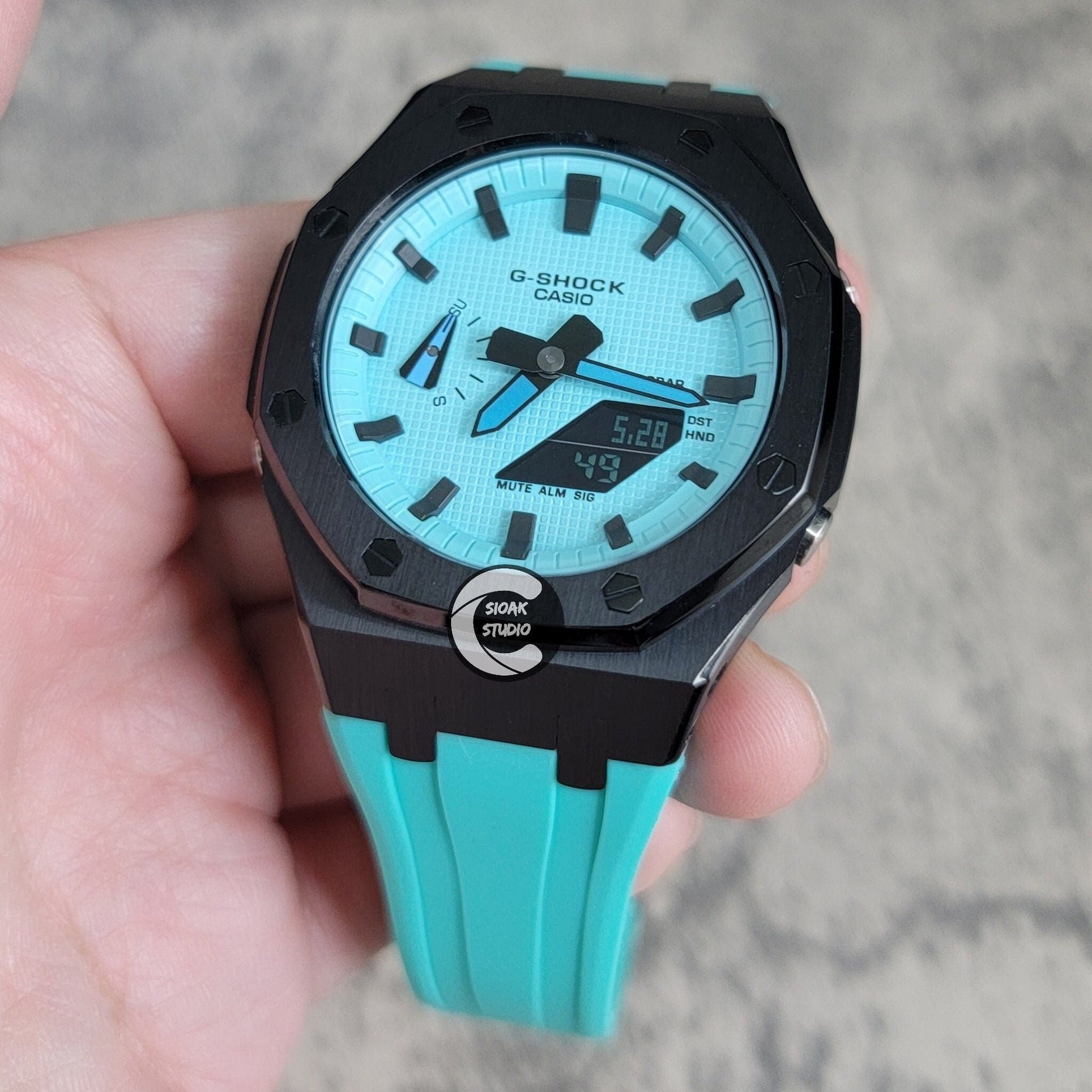 Casioak Mod Watch Black Case Tiff Rubber Strap Tiff Time Mark Tiff Blue Dial 44mm- Casioak Mod Casio G-Shock Royal Oak Custom Mens Luxury Watches Ga2100