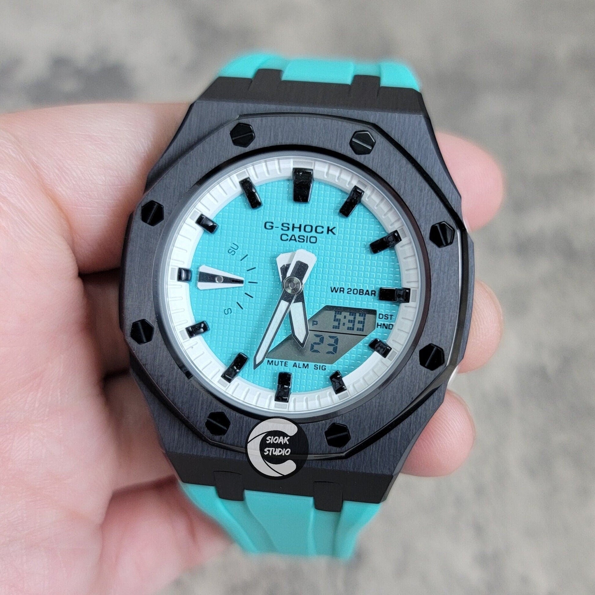 Casioak Mod Watch Black Case Tiff Rubber Strap White Black Time Mark Tiff Blue Dial 42mm- Casioak Mod Casio G-Shock Royal Oak Custom Mens Luxury Watches Ga2100