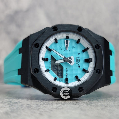 Casioak Mod Watch Black Case Tiff Rubber Strap White Black Time Mark Tiff Blue Dial 42mm- Casioak Mod Casio G-Shock Royal Oak Custom Mens Luxury Watches Ga2100