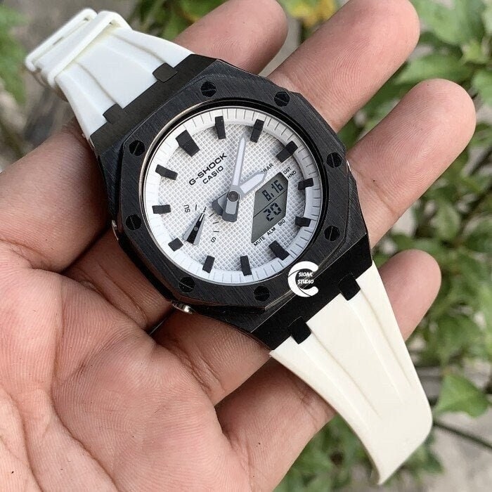 Casioak Mod Watch Black Case White Rubber Strap white Black Time Mark White Dial 44mm- Casioak Mod Casio G-Shock Royal Oak Custom Mens Luxury Watches Ga2100