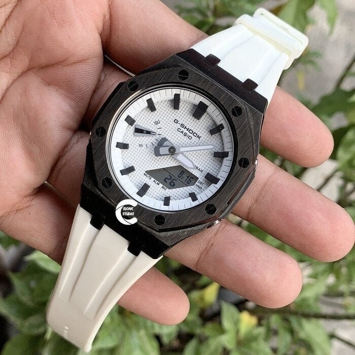 Casioak Mod Watch Black Case White Rubber Strap white Black Time Mark White Dial 44mm- Casioak Mod Casio G-Shock Royal Oak Custom Mens Luxury Watches Ga2100