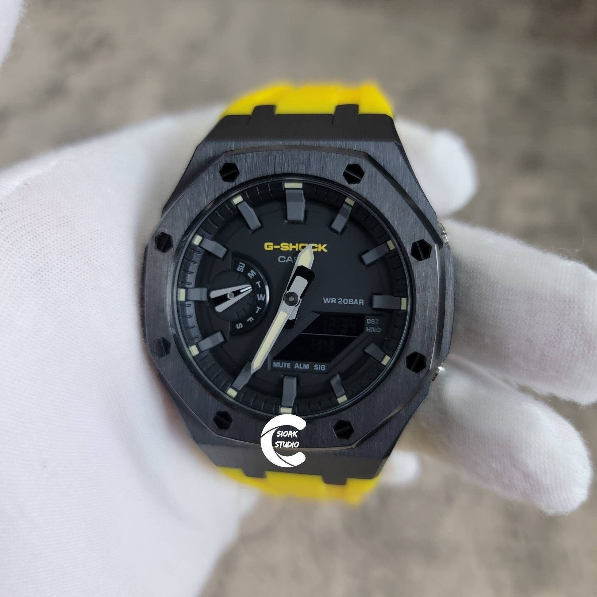 Casioak Mod Watch Black Case Yellow Rubber Strap Black Gray Time Mark Black Dial 44mm- Casioak Mod Casio G-Shock Royal Oak Custom Mens Luxury Watches Ga2100