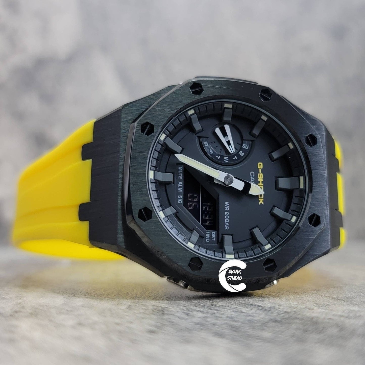 Casioak Mod Watch Black Case Yellow Rubber Strap Black Gray Time Mark Black Dial 44mm- Casioak Mod Casio G-Shock Royal Oak Custom Mens Luxury Watches Ga2100