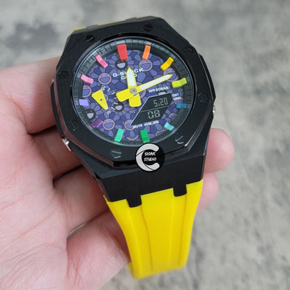 Casioak Mod Watch Black Case Yellow Rubber Strap Black Rainbow Time Mark Takashi Murakami Dial 44mm- Casioak Mod Casio G-Shock Royal Oak Custom Mens Luxury Watches Ga2100