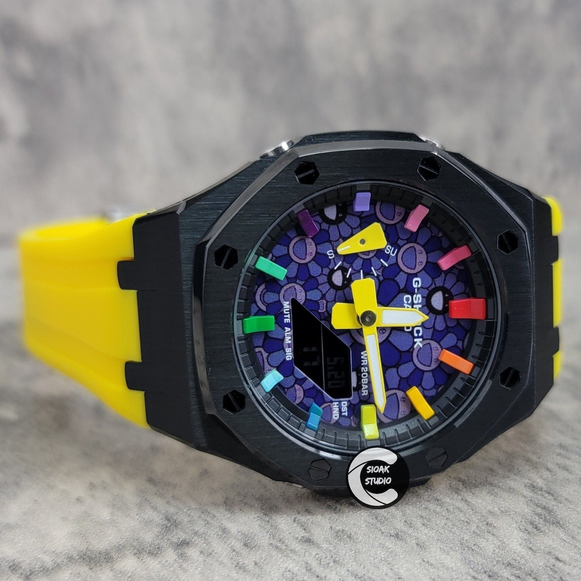 Casioak Mod Watch Black Case Yellow Rubber Strap Black Rainbow Time Mark Takashi Murakami Dial 44mm- Casioak Mod Casio G-Shock Royal Oak Custom Mens Luxury Watches Ga2100